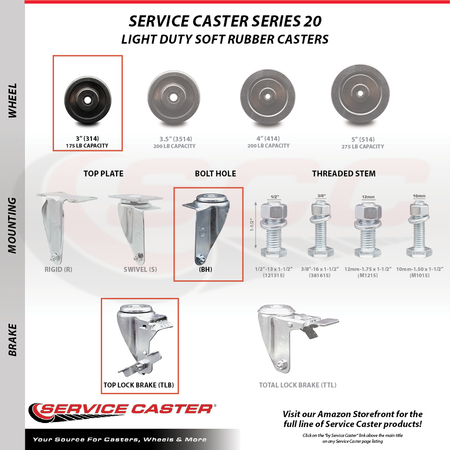 Service Caster 3 Inch Soft Rubber Wheel Swivel Bolt Hole Caster Set with Brake SCC-BH20S314-SRS-TLB-4